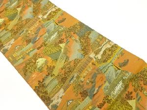 萬葉製　清水寺・金閣寺・町屋風景に時代人物模様織出し全通洒落袋帯